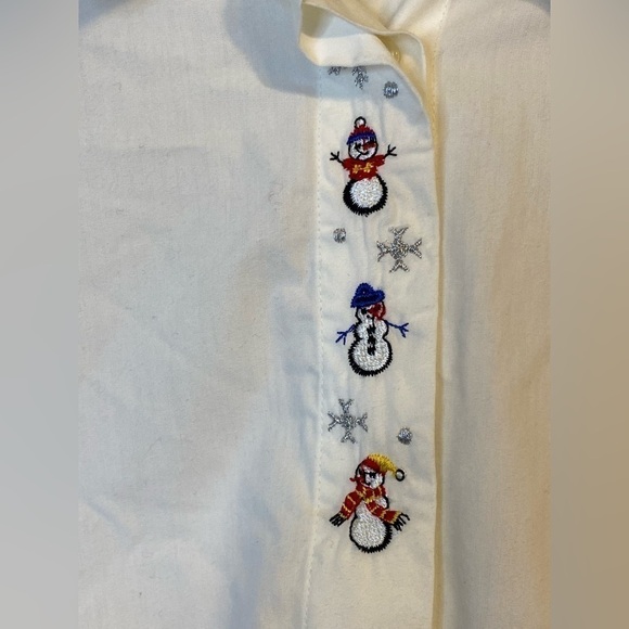 Vintage Capacity Embroidered Snowman Shoulder Pad Button Up Shirt, White, Med - Picture 3 of 14
